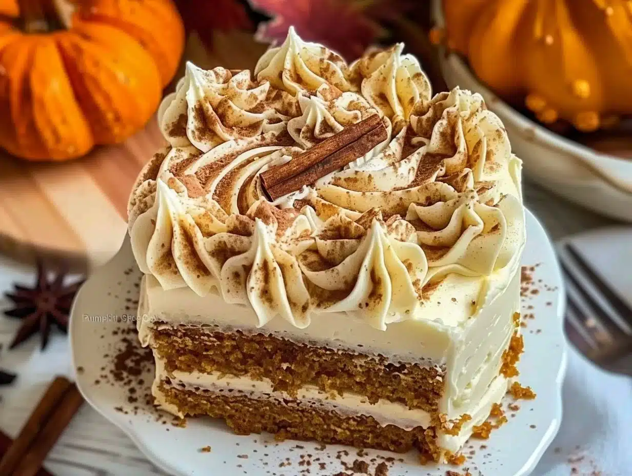 Slice of moist pumpkin spice cake topped with creamy frosting and spice garnishes
