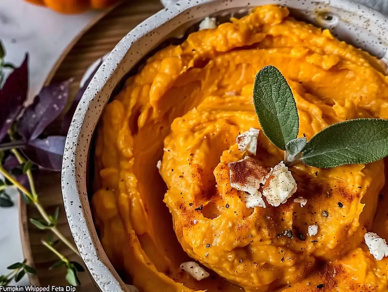 Creamy Pumpkin Whipped Feta Dip served in a bowl with herbs