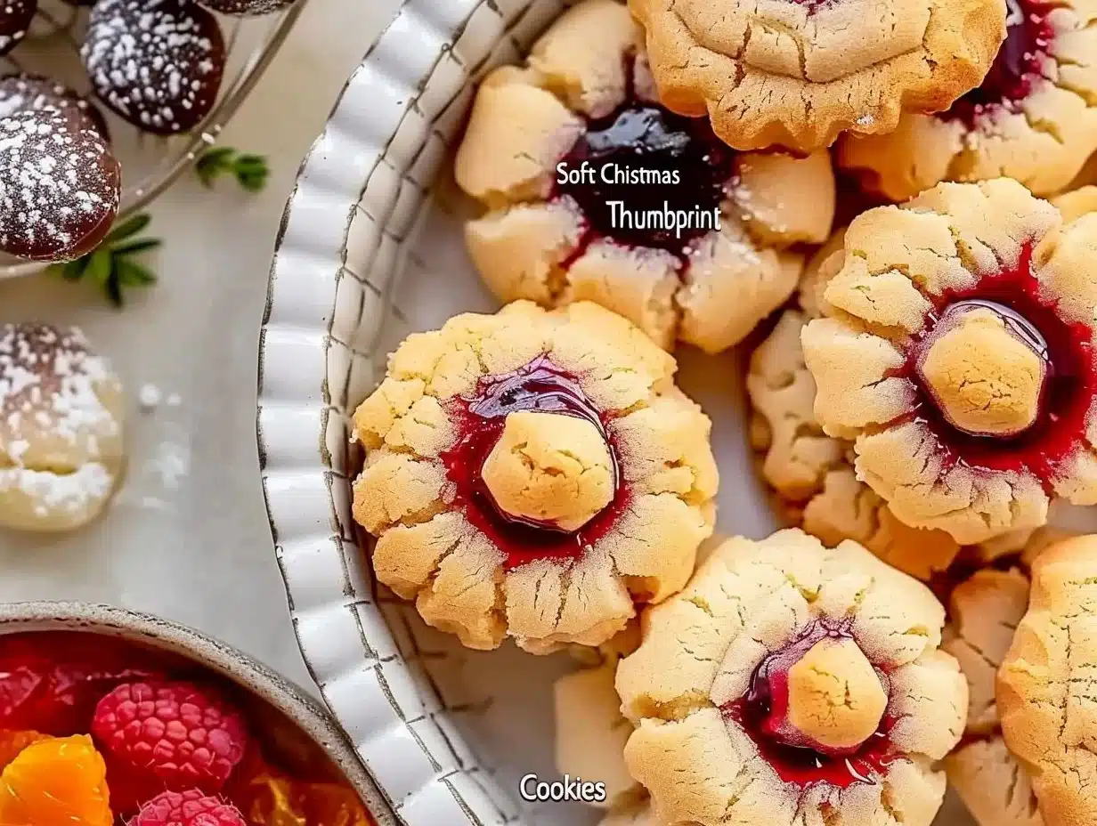 Soft Christmas thumbprint cookies with jam filling on a festive plate.