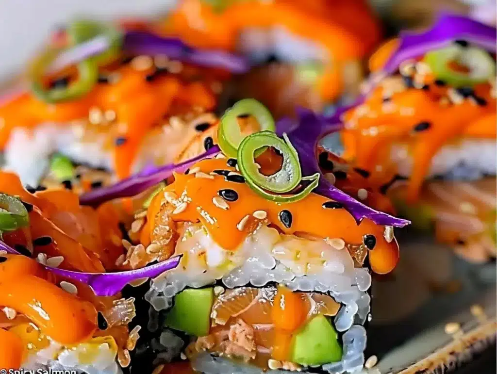 Spicy Salmon Sushi Bake ready to serve in a baking dish topped with green onions