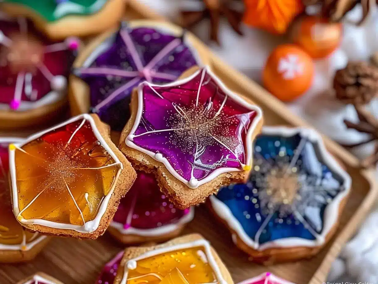 Colorful stained glass cookies decorated with vibrant candies in pastry shapes.