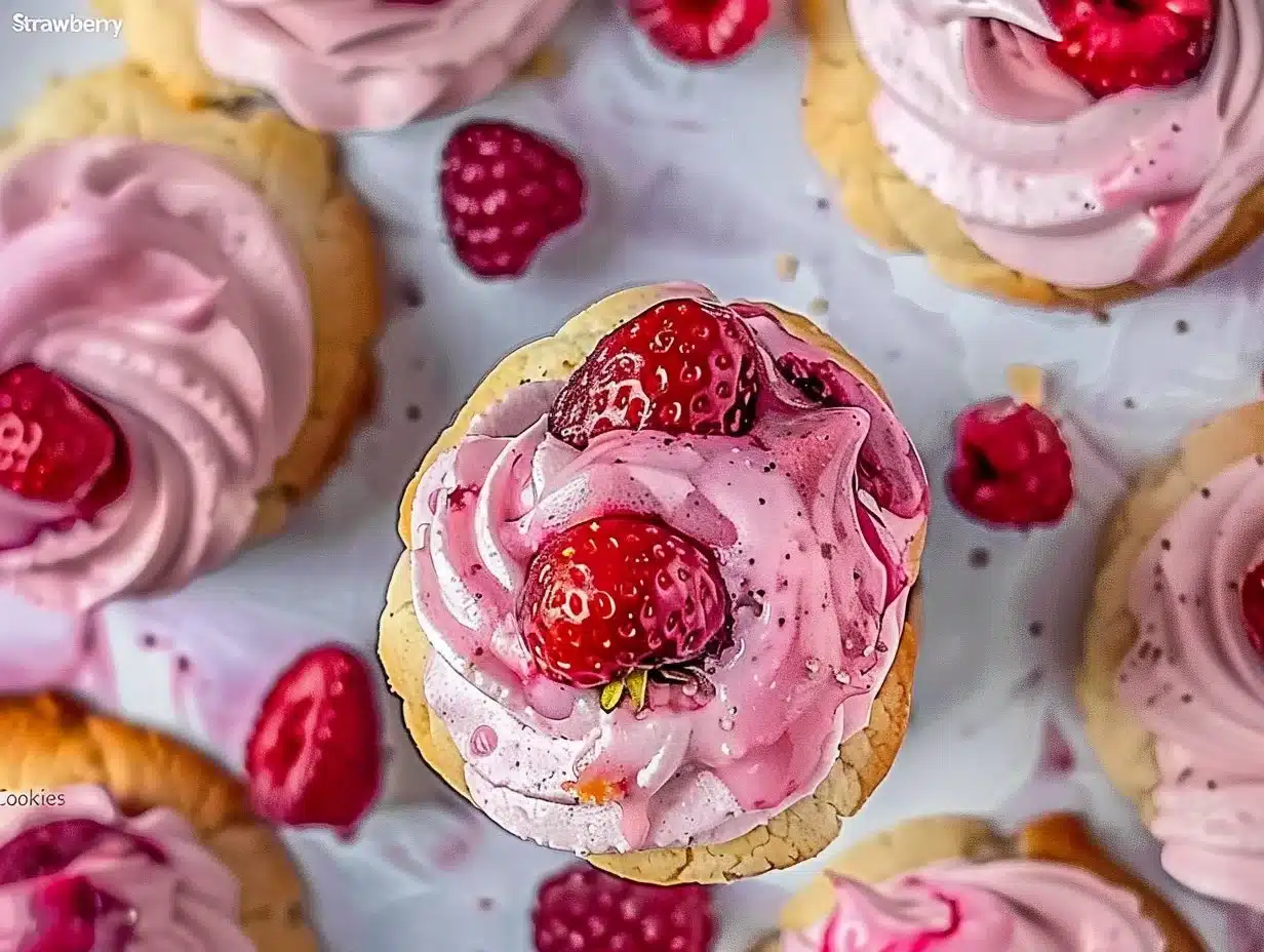 Strawberry Cheesecake Cookies 1 Strawberry cheesecake cookies with fresh strawberries and cream cheese frosting