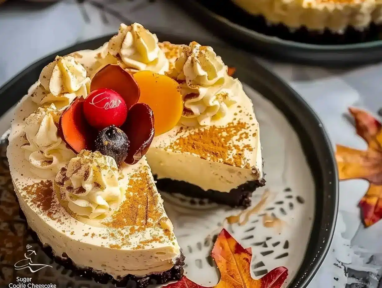 Sugar Cookie Cheesecake 1 Delicious sugar cookie cheesecake topped with cookie crumbs and sugar glaze