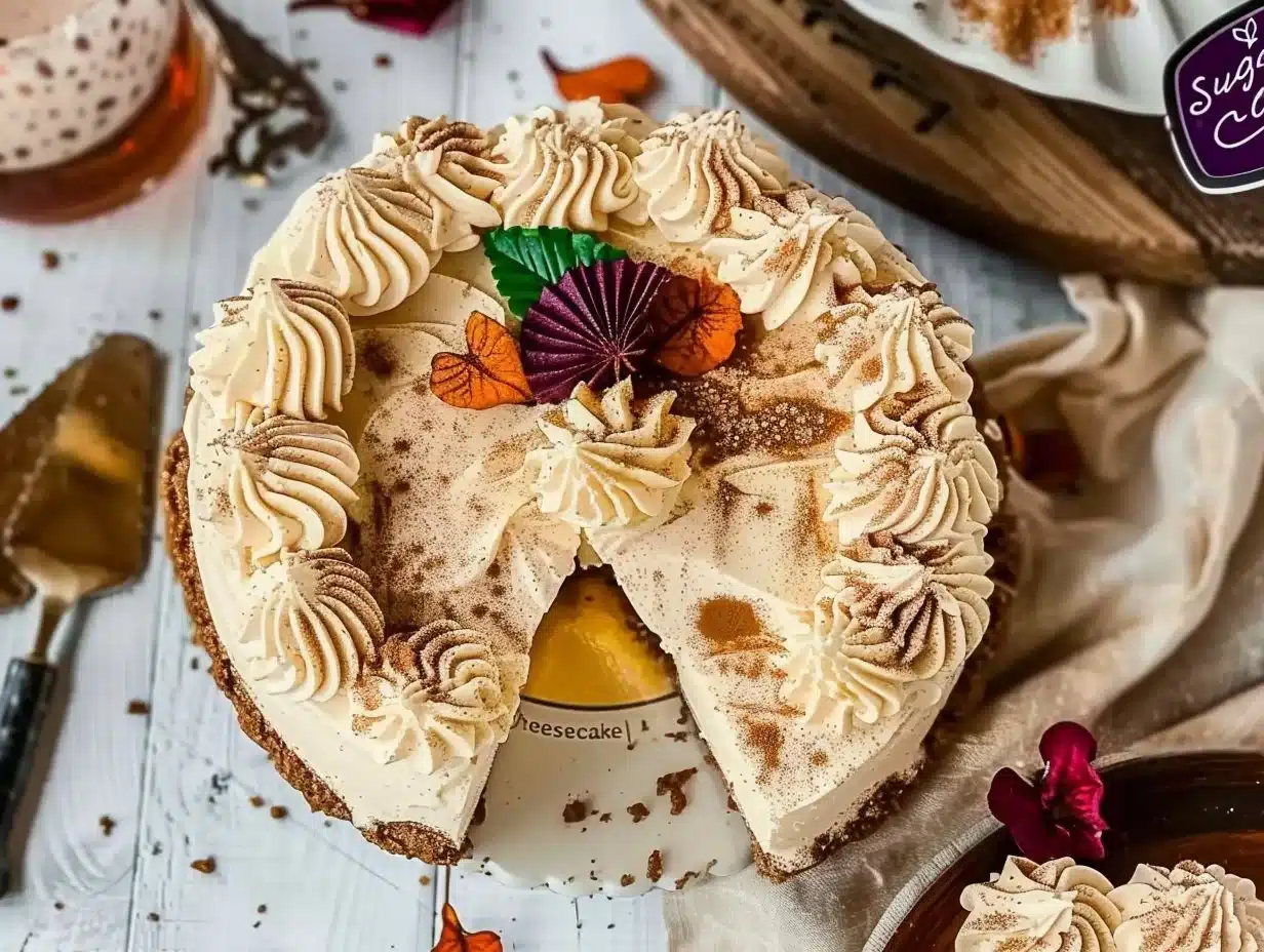 Delicious Sugar Cookie Cheesecake topped with sprinkles and cookies
