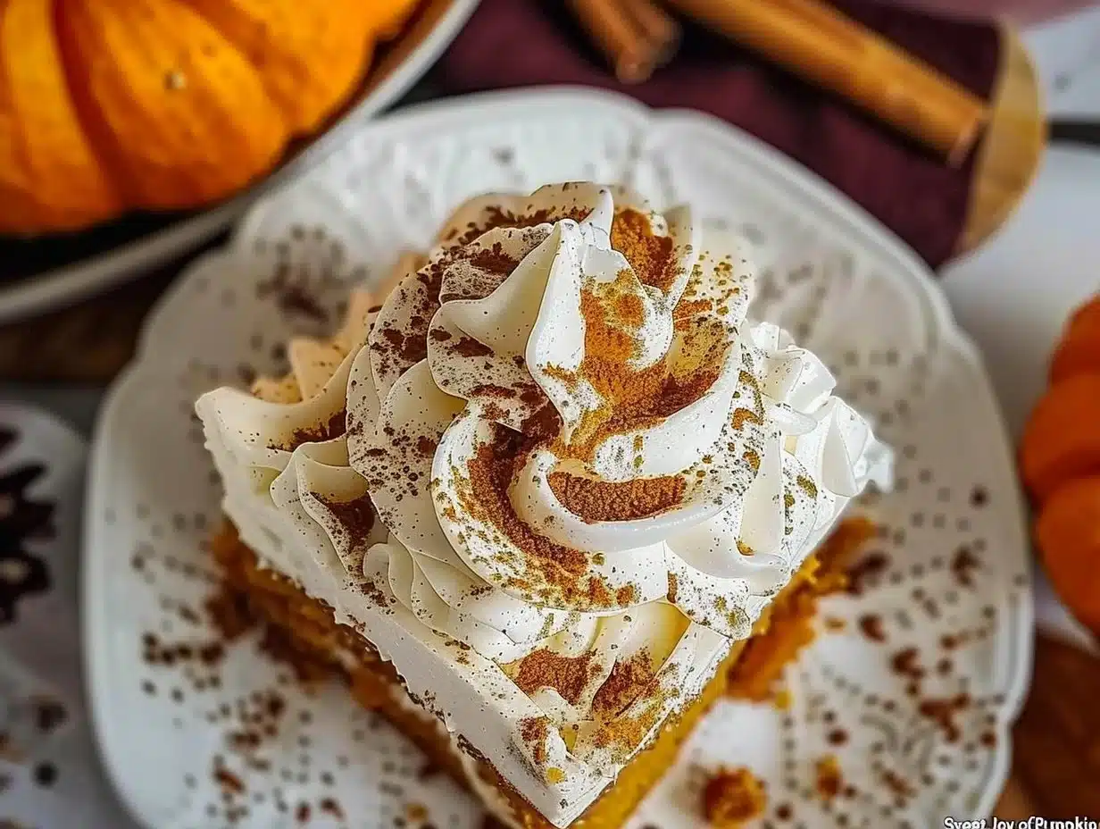 Delicious pumpkin spice cake topped with cream frosting and autumn spices.