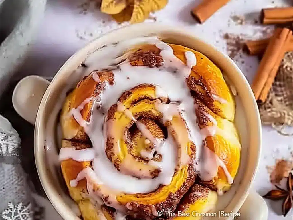 Delicious homemade cinnamon rolls drizzled with icing on a plate