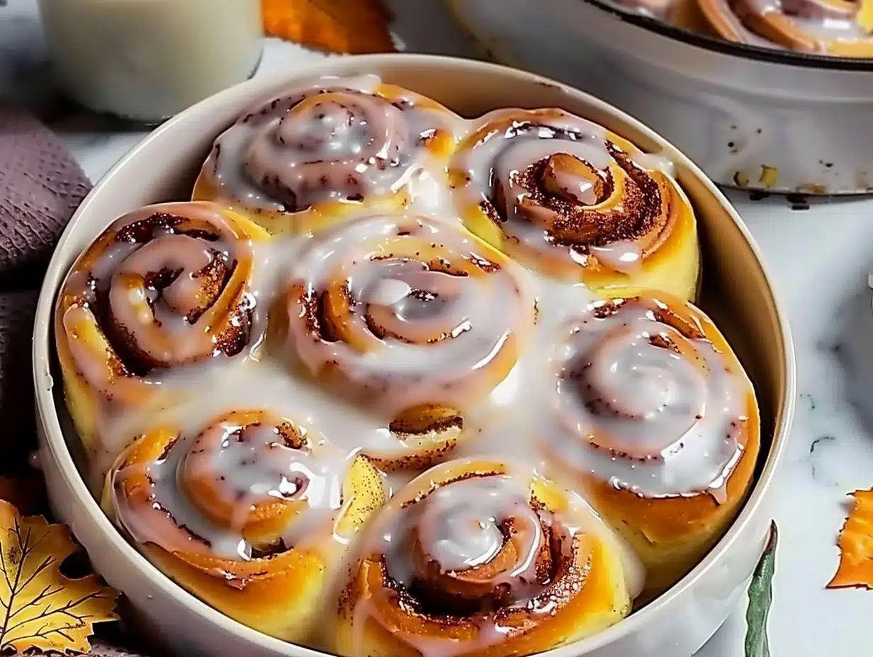 Delicious homemade cinnamon rolls topped with icing on a rustic wooden table