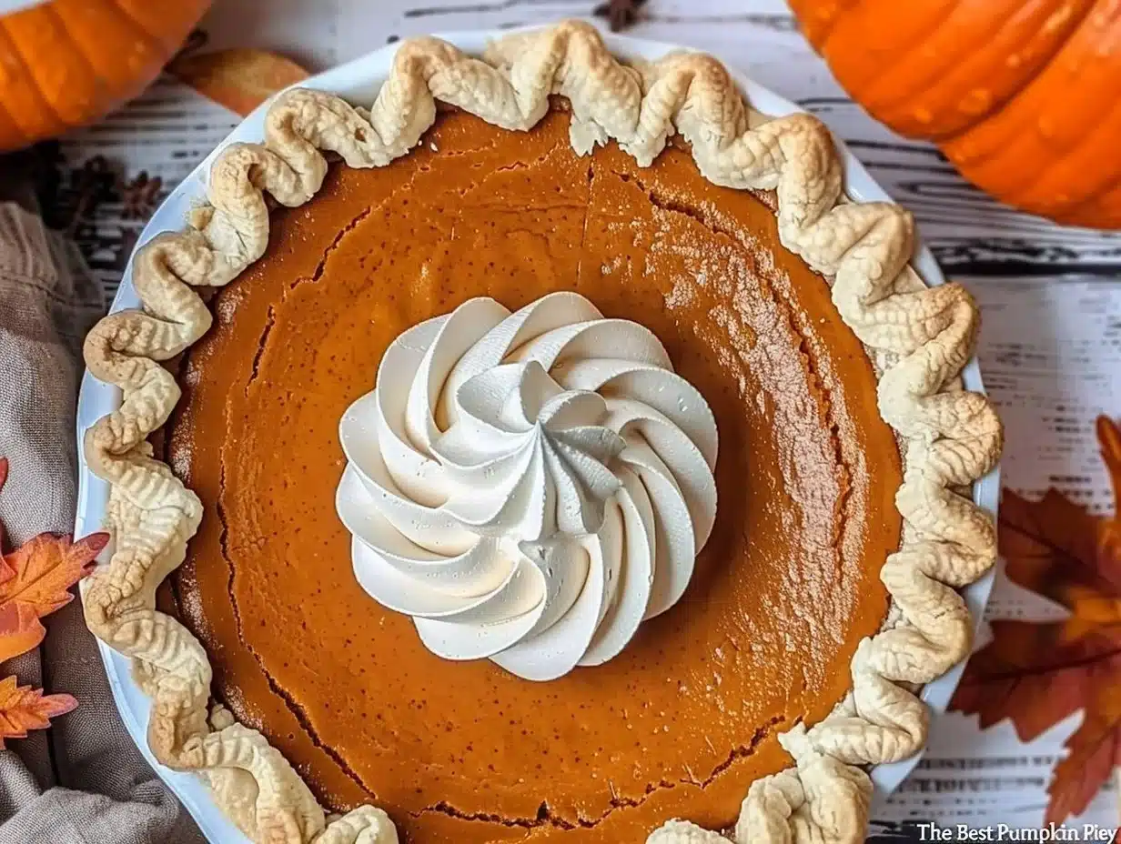 The Best Pumpkin Pie 1 Slice of the best pumpkin pie on a rustic wooden table