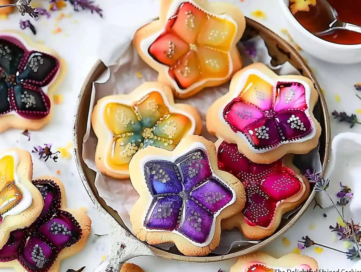 Colorful stained glass cookies with vibrant jelly filling in a festive design