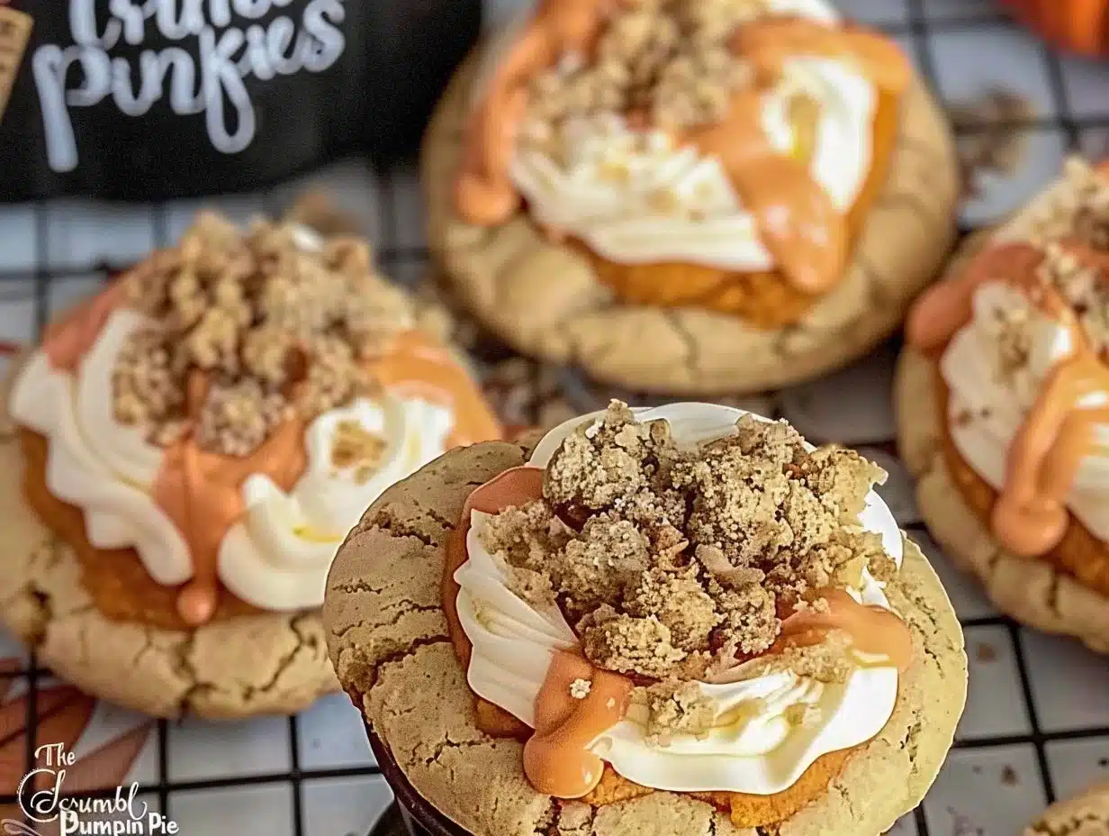 Delicious crumbl pumpkin pie cookies with autumn spices and toppings.