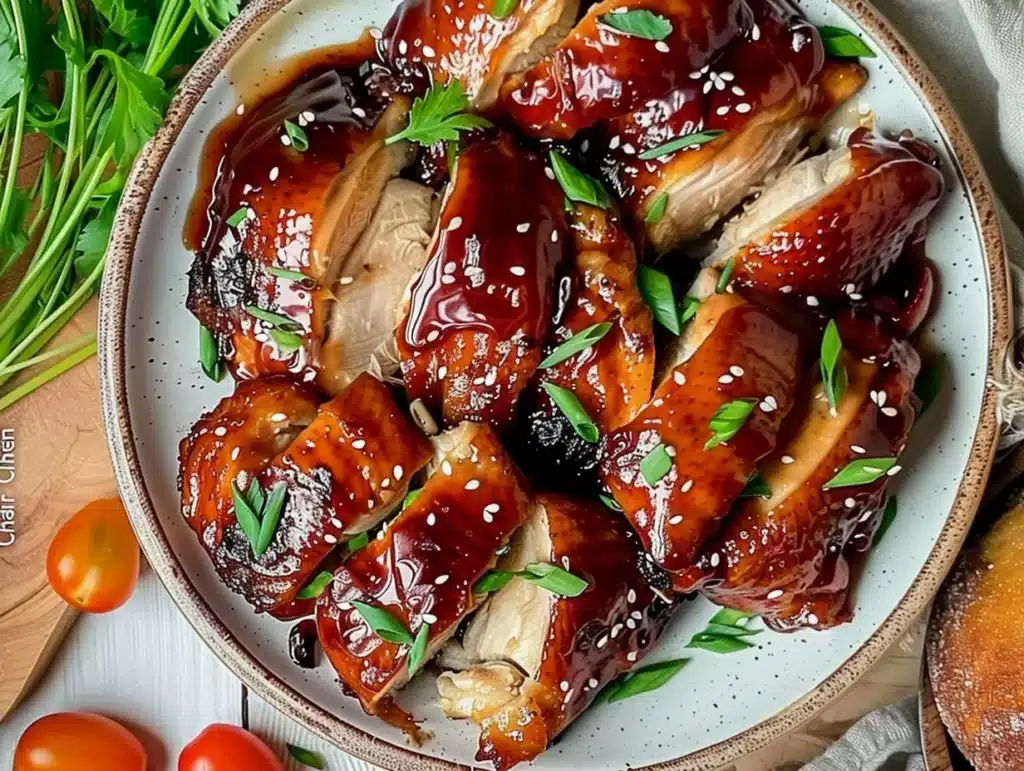 Delicious barbecued pork chicken served on a plate with sides.