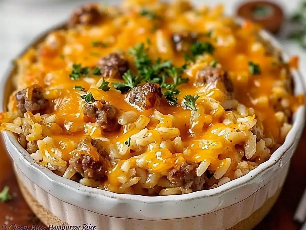 Delicious cheesy hamburger rice casserole in a baking dish