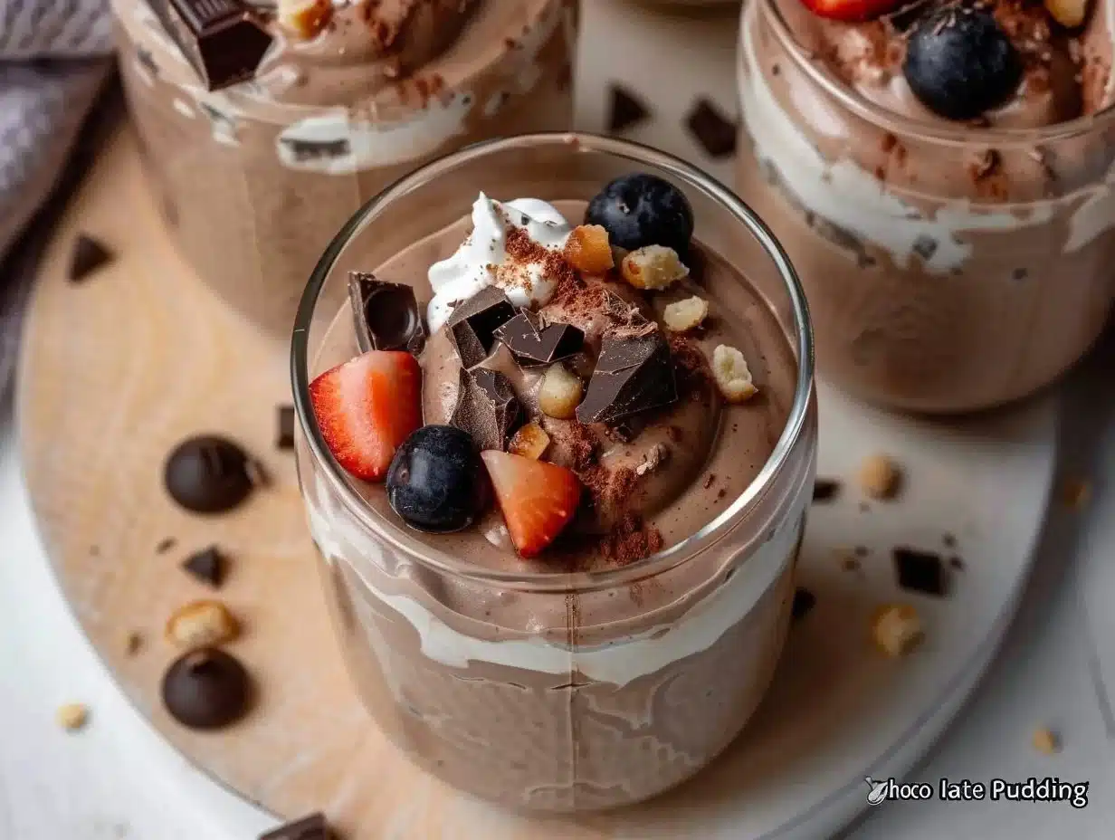 Chocolate Protein Pudding Recipe 1 Delicious chocolate protein pudding served in a bowl with a spoon