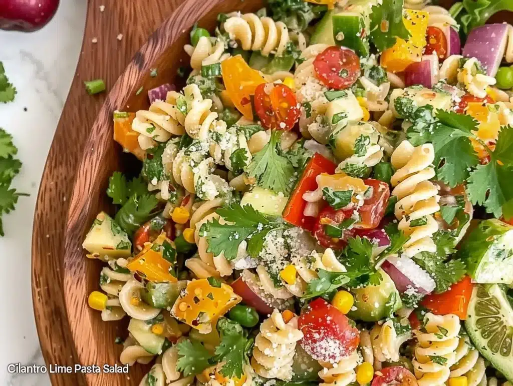 Cilantro Lime Pasta Salad with fresh ingredients in a bowl