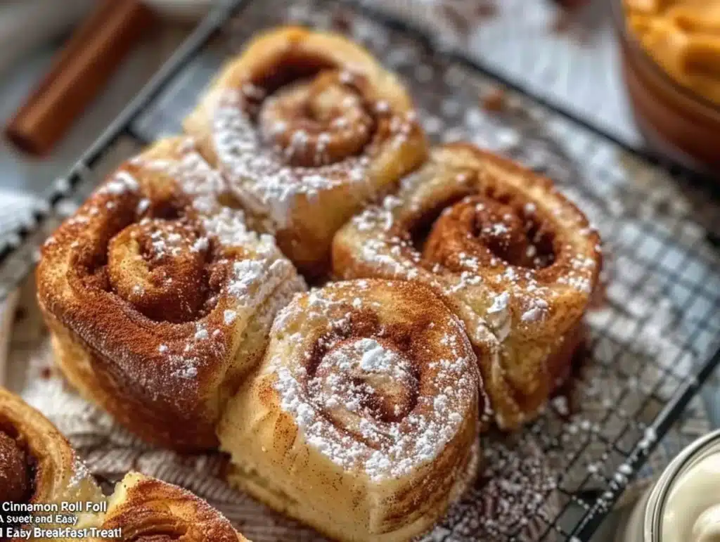 Cinnamon Roll French Toast Roll-Ups served on a plate with syrup and powdered sugar.