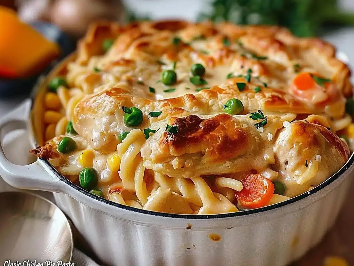 Delicious classic chicken pot pie pasta in a bowl