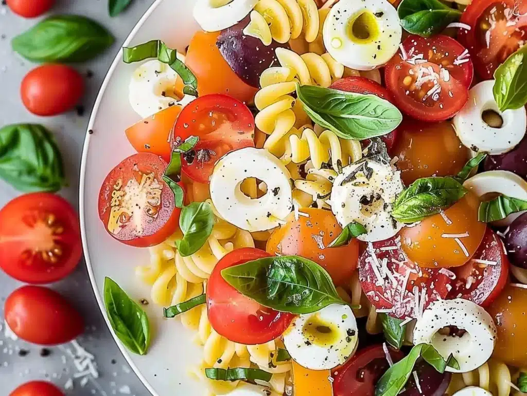 Colorful Caprese pasta salad with tomatoes, mozzarella, and basil