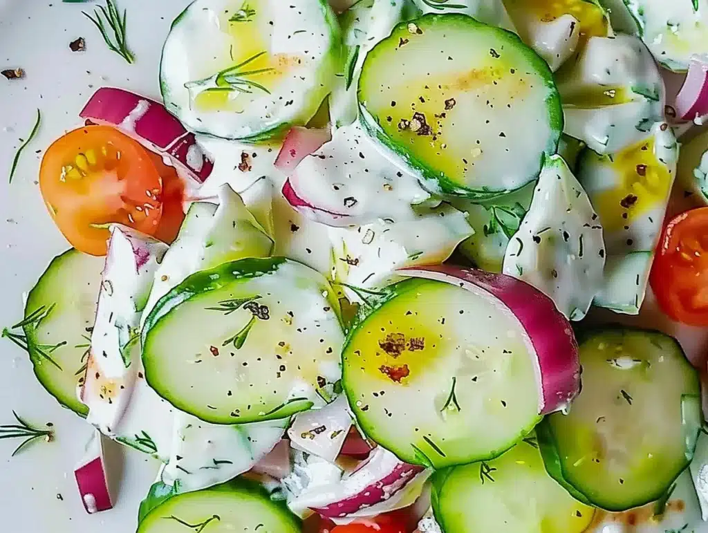 Bowl of creamy cucumber salad garnished with herbs and served on a table.