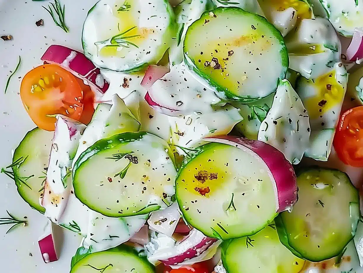 Bowl of creamy cucumber salad garnished with herbs and served on a table.