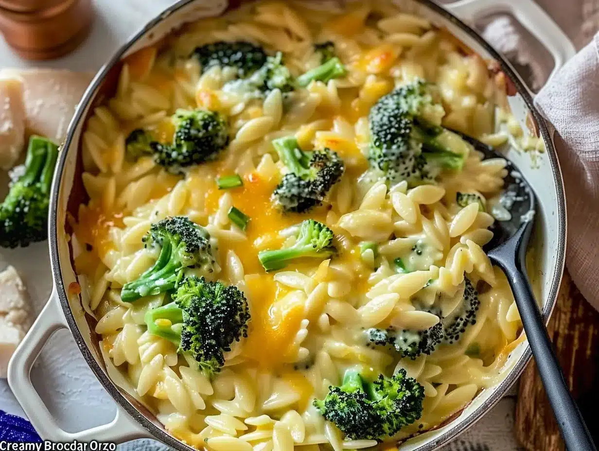 Creamy One-Pot Broccoli Cheddar Orzo 1 Creamy one-pot broccoli cheddar orzo served in a bowl with fresh broccoli