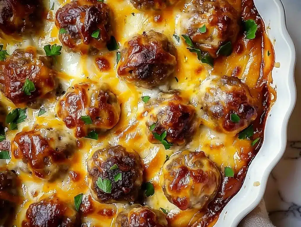 Delicious dump-and-bake meatball casserole topped with cheese and herbs