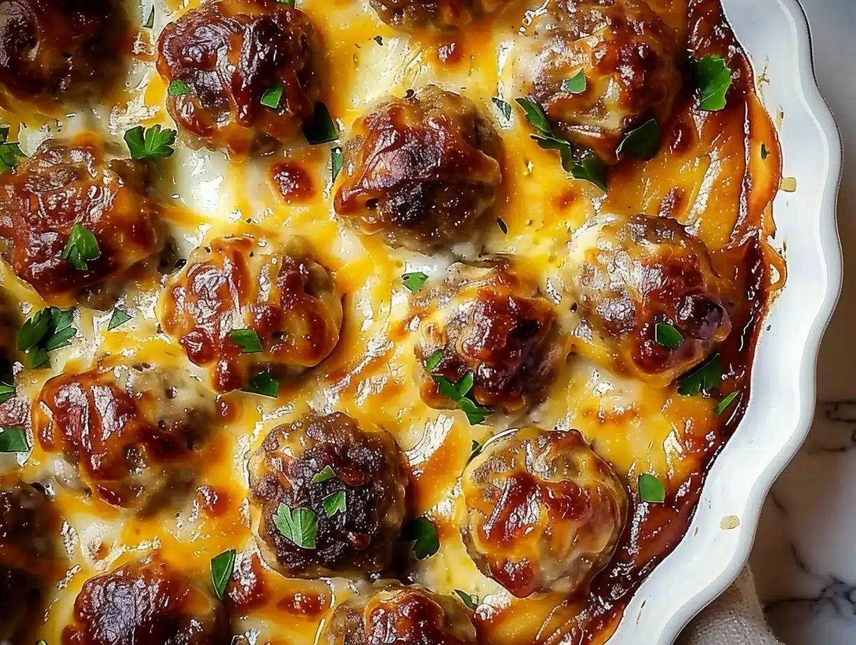 Delicious dump-and-bake meatball casserole topped with cheese and herbs