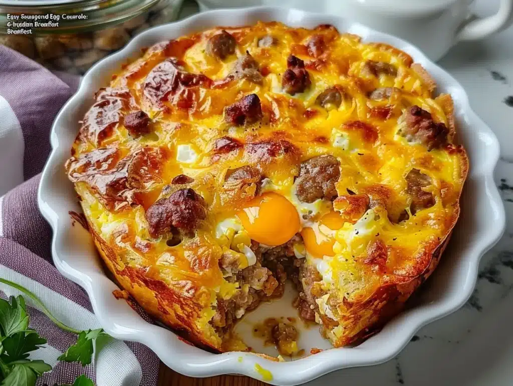 Easy sausage and egg casserole with 6 ingredients, perfect for breakfast.