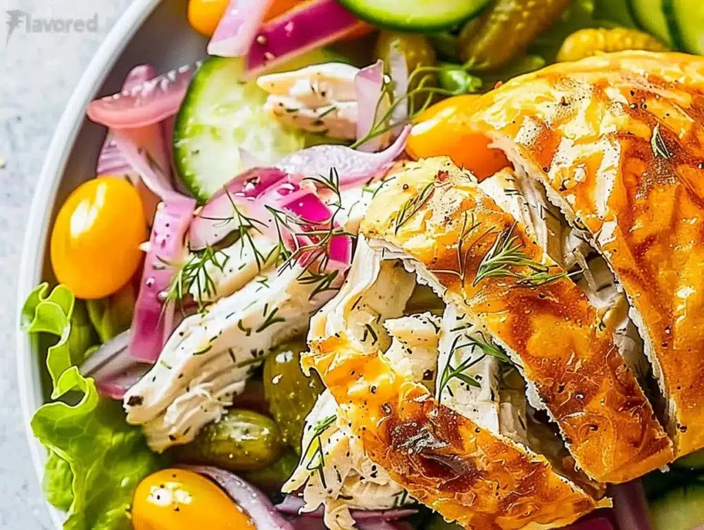Bowl of flavored dill pickle chicken salad with fresh ingredients