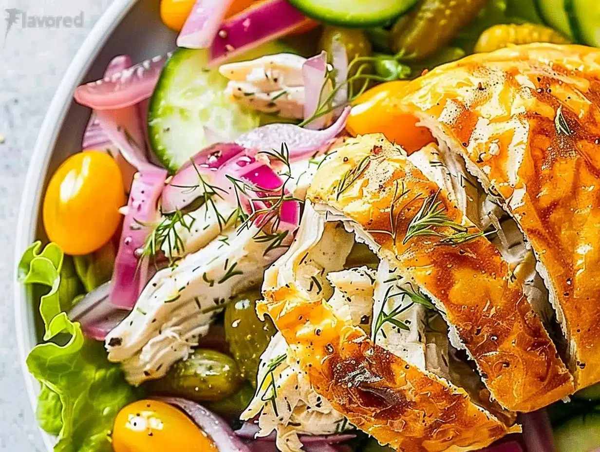 Bowl of flavored dill pickle chicken salad with fresh ingredients