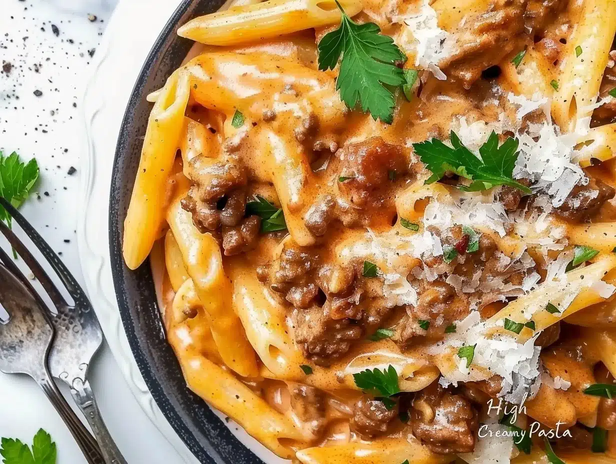Creamy beef pasta dish with high protein content served in a bowl