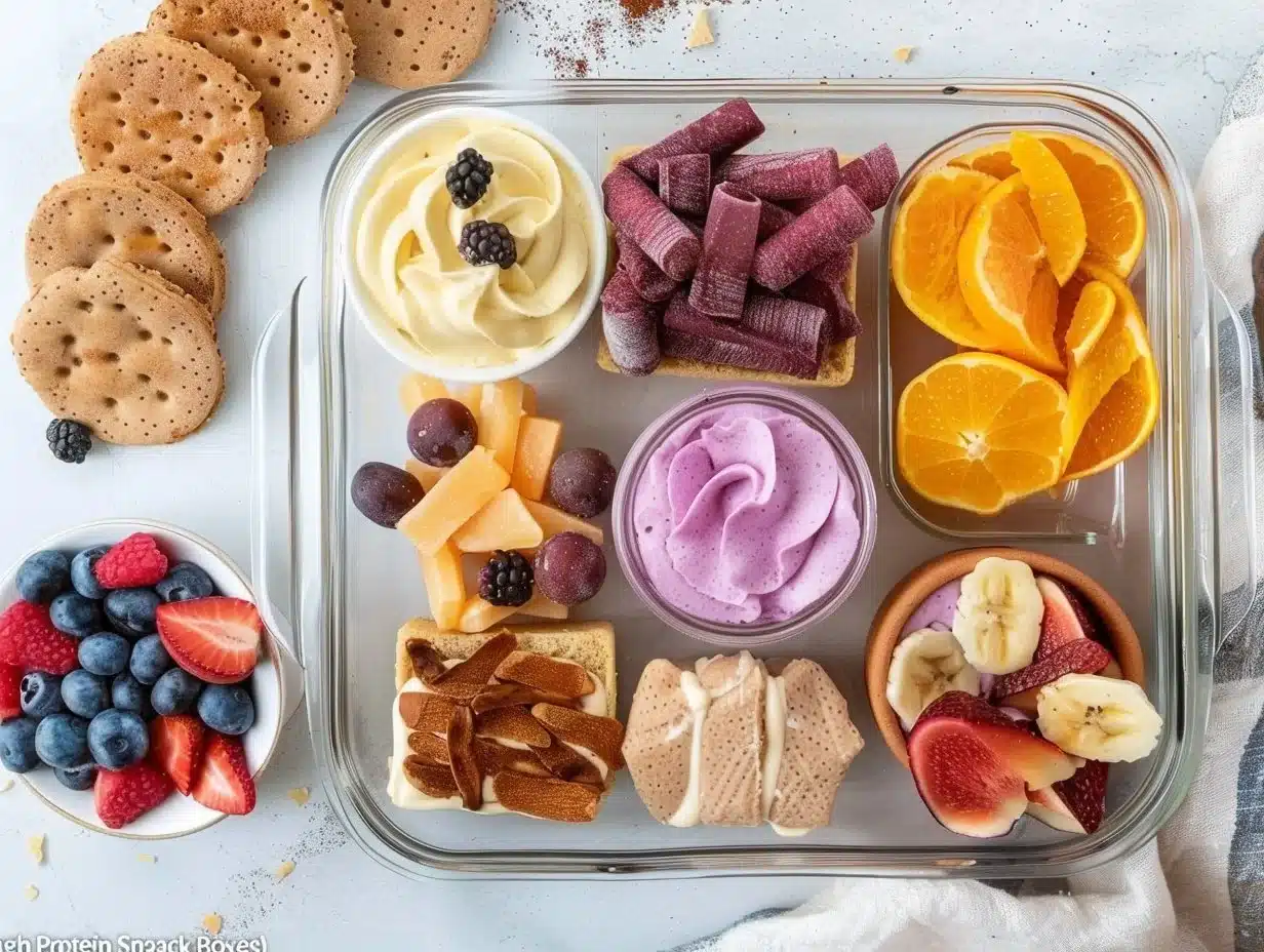High protein snack boxes with four delicious recipes for a nutritious snack.