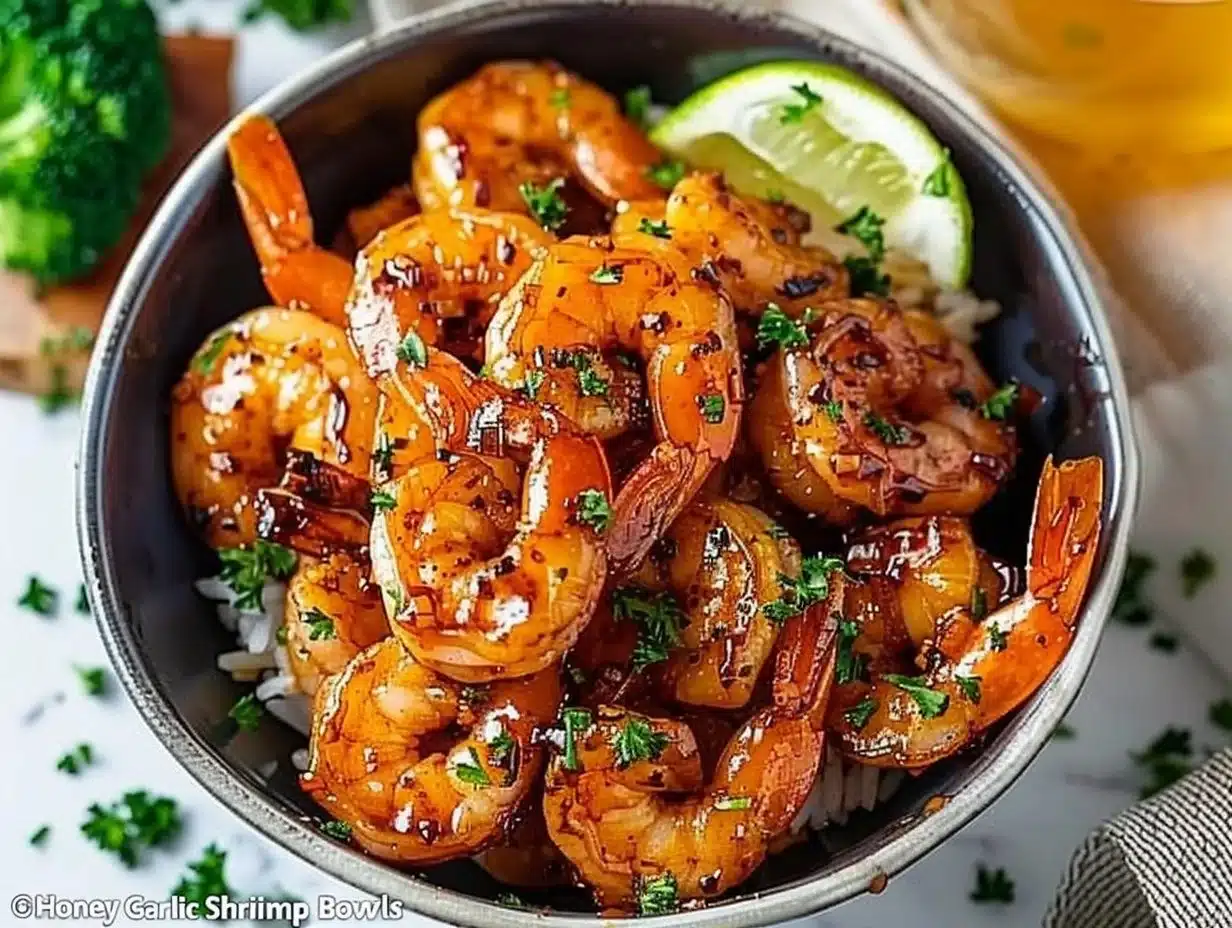 Delicious Honey Garlic Shrimp Bowl garnished with green onions and served with rice.