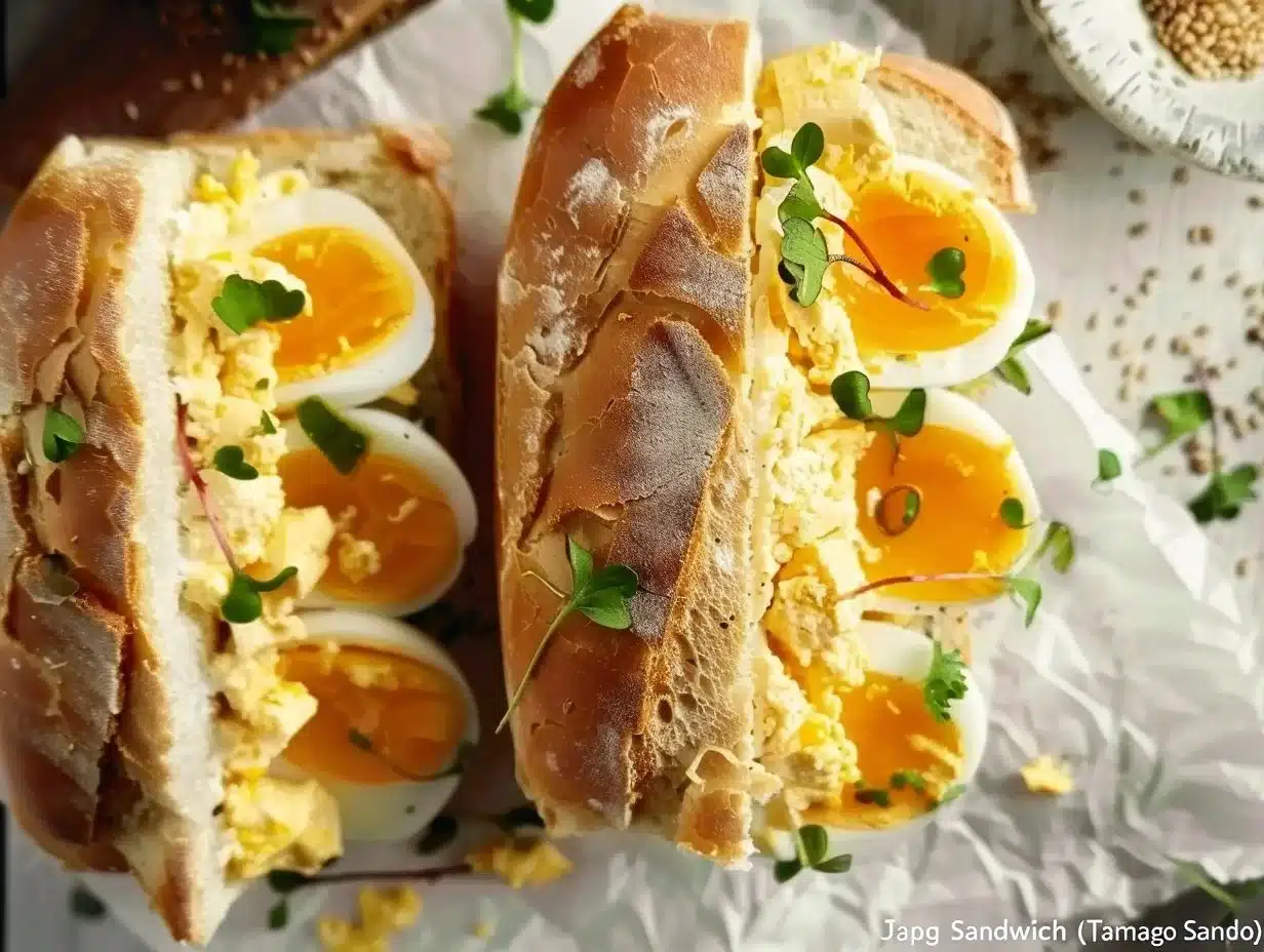 Japanese Egg Sandwich (Tamago Sando) 1 Japanese egg sandwich (Tamago Sando) with creamy egg filling on bread