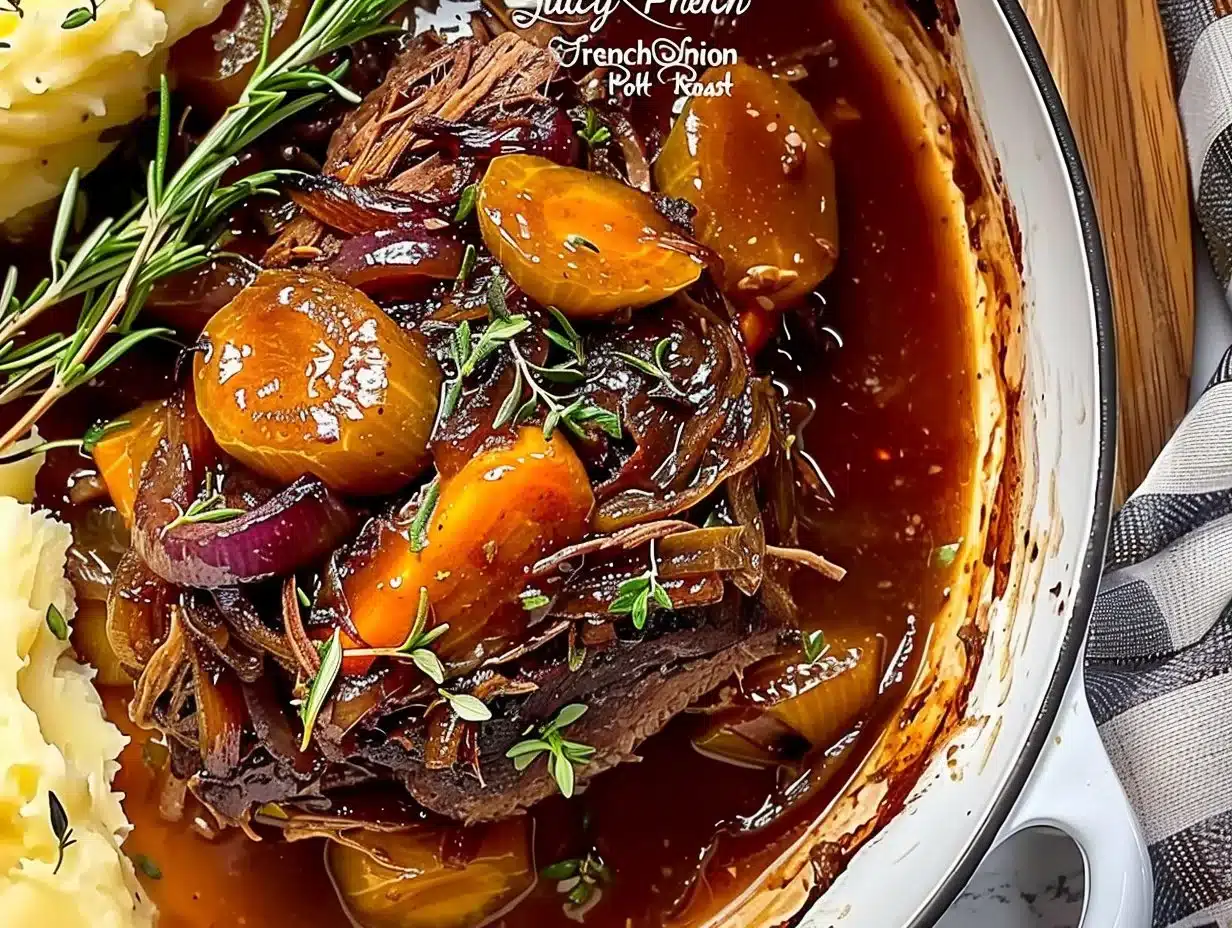 Tender French Onion Pot Roast with caramelized onions and herbs
