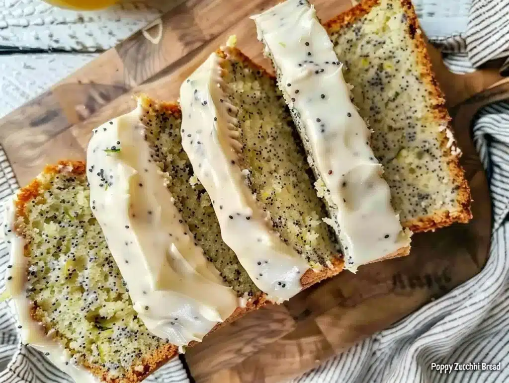 Slice of lemon poppy seed zucchini bread on a plate