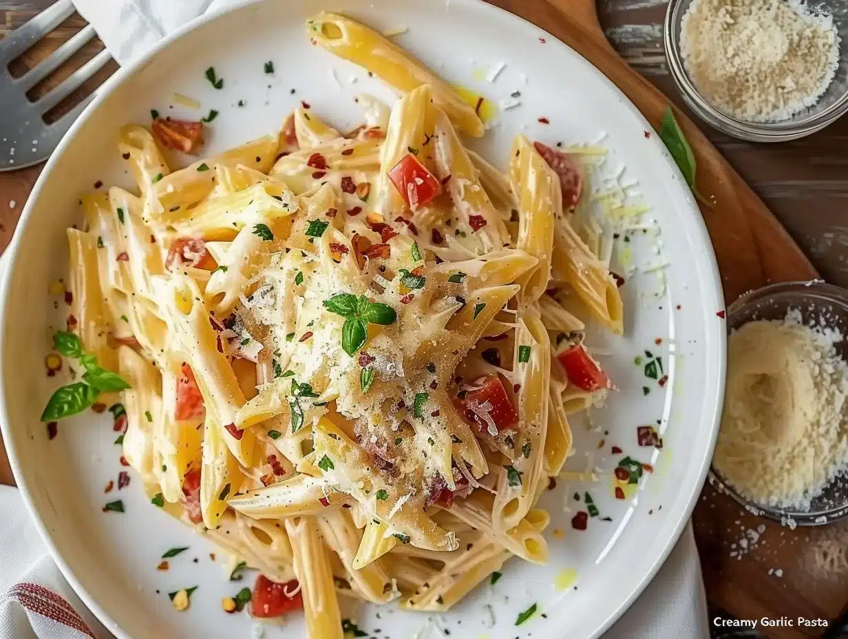 Delicious one pot creamy garlic pasta served with parsley garnish