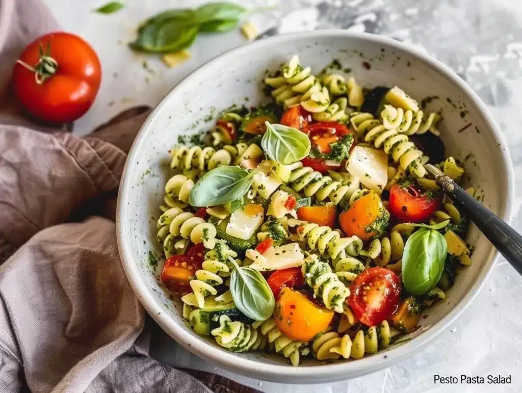 Delicious pesto pasta salad with fresh vegetables and herbs