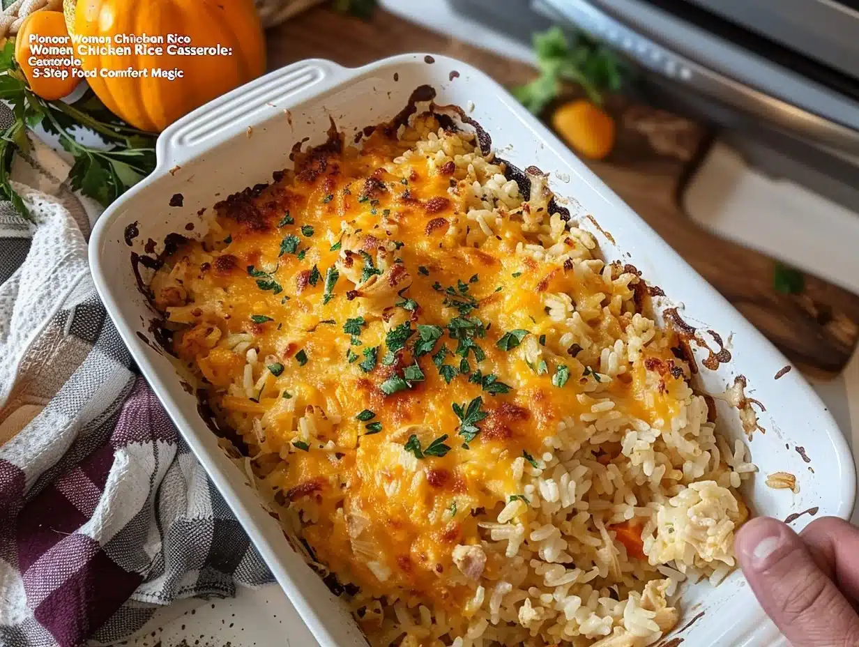 Delicious Pioneer Woman chicken rice casserole in a baking dish.