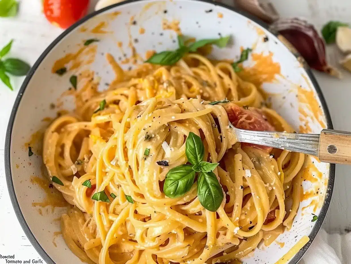 Roasted Tomato and Garlic Ricotta Pasta 1 Delicious roasted tomato pasta with garlic ricotta, garnished with fresh basil