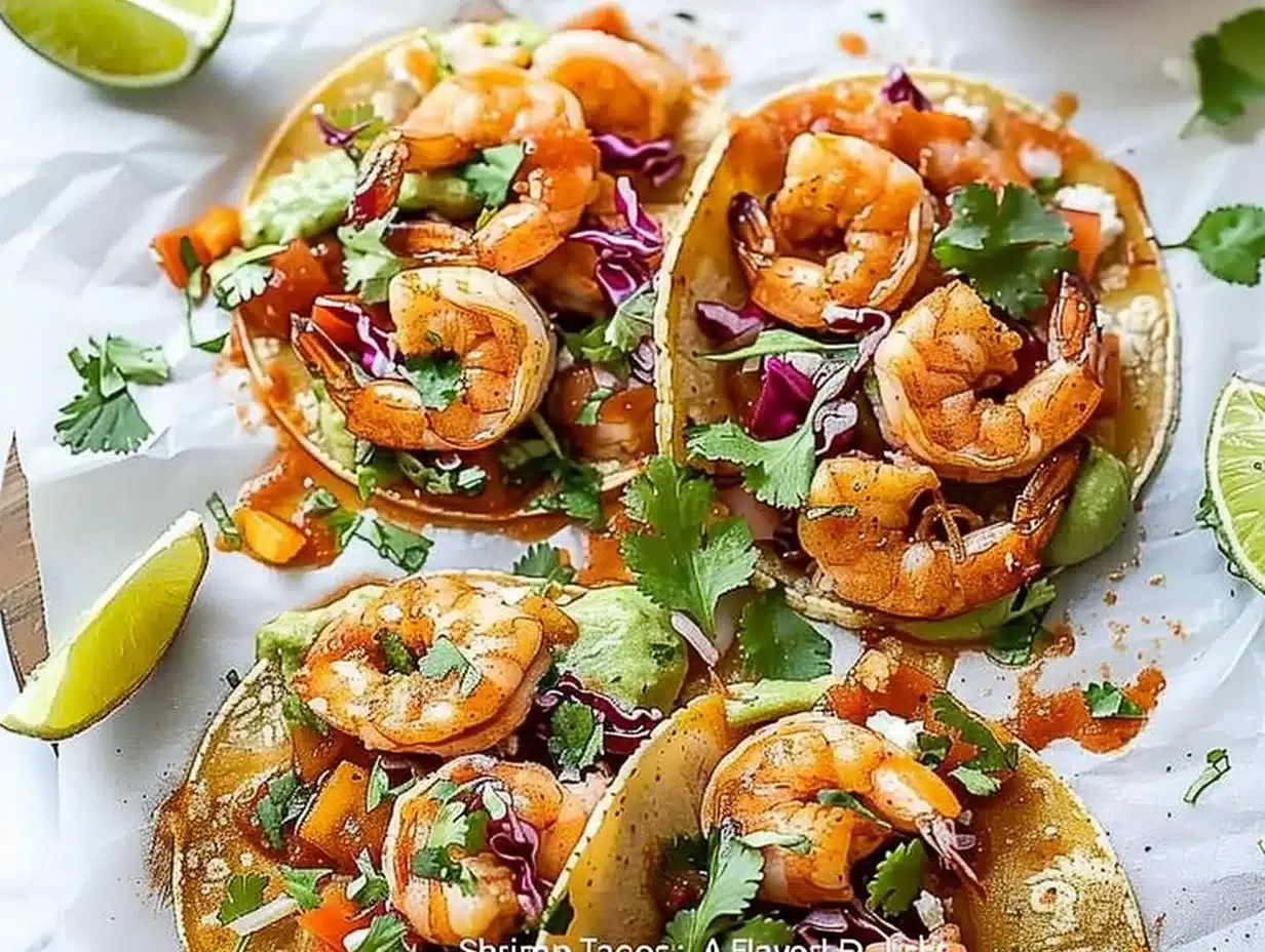 Shrimp Tacos: A Flavorful Delight 1 Delicious shrimp tacos topped with fresh ingredients and vibrant sauces.