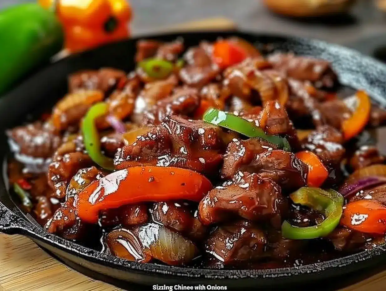 Sizzling Chinese pepper steak with onions served on a plate.