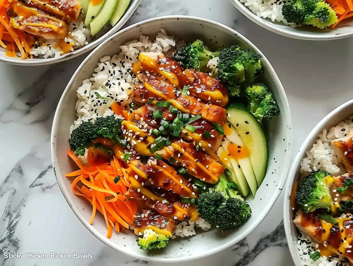 Sticky chicken rice bowls garnished with fresh vegetables and sauce.