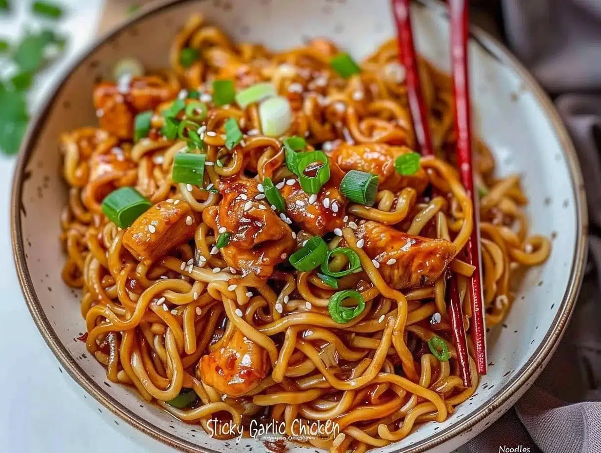 Sticky Garlic Chicken Noodles 1 Plate of sticky garlic chicken noodles topped with green onions and sesame seeds