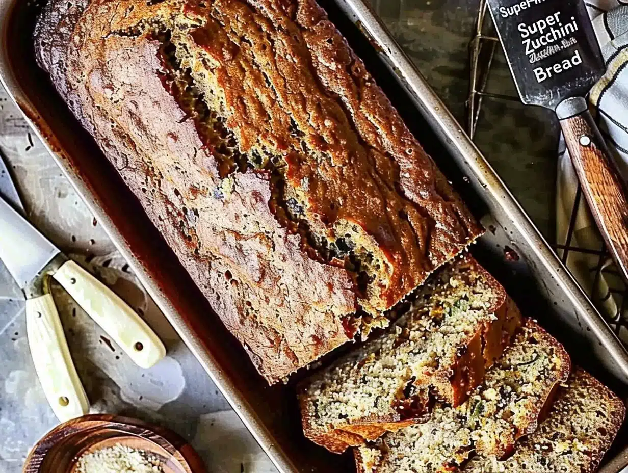 Freshly baked super-moist zucchini bread on a wooden table