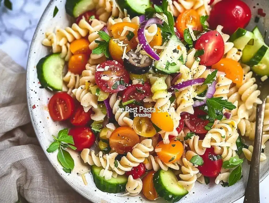 Bowl of the best pasta salad dressed with Italian dressing and fresh vegetables