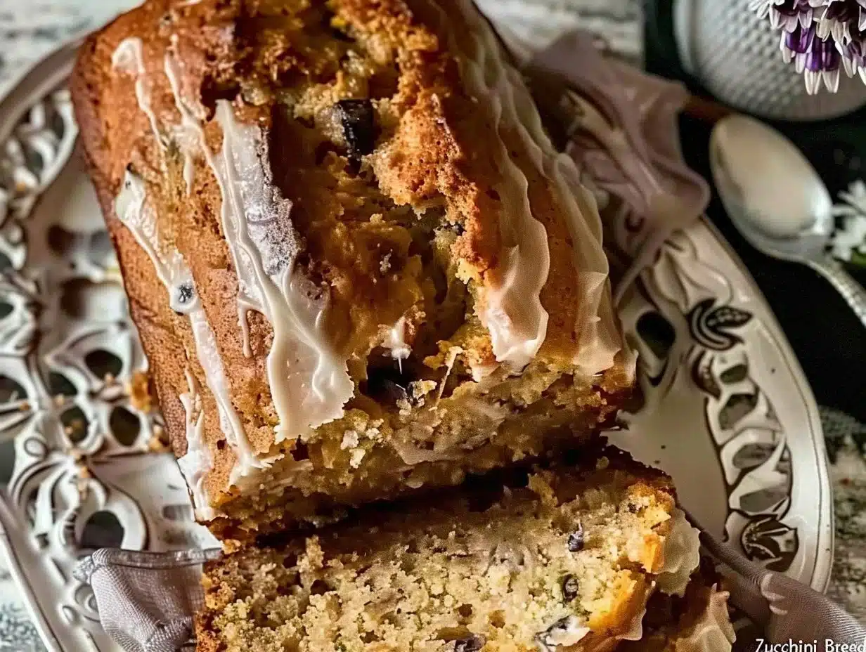 Freshly baked zucchini bread loaf with slices on a cutting board