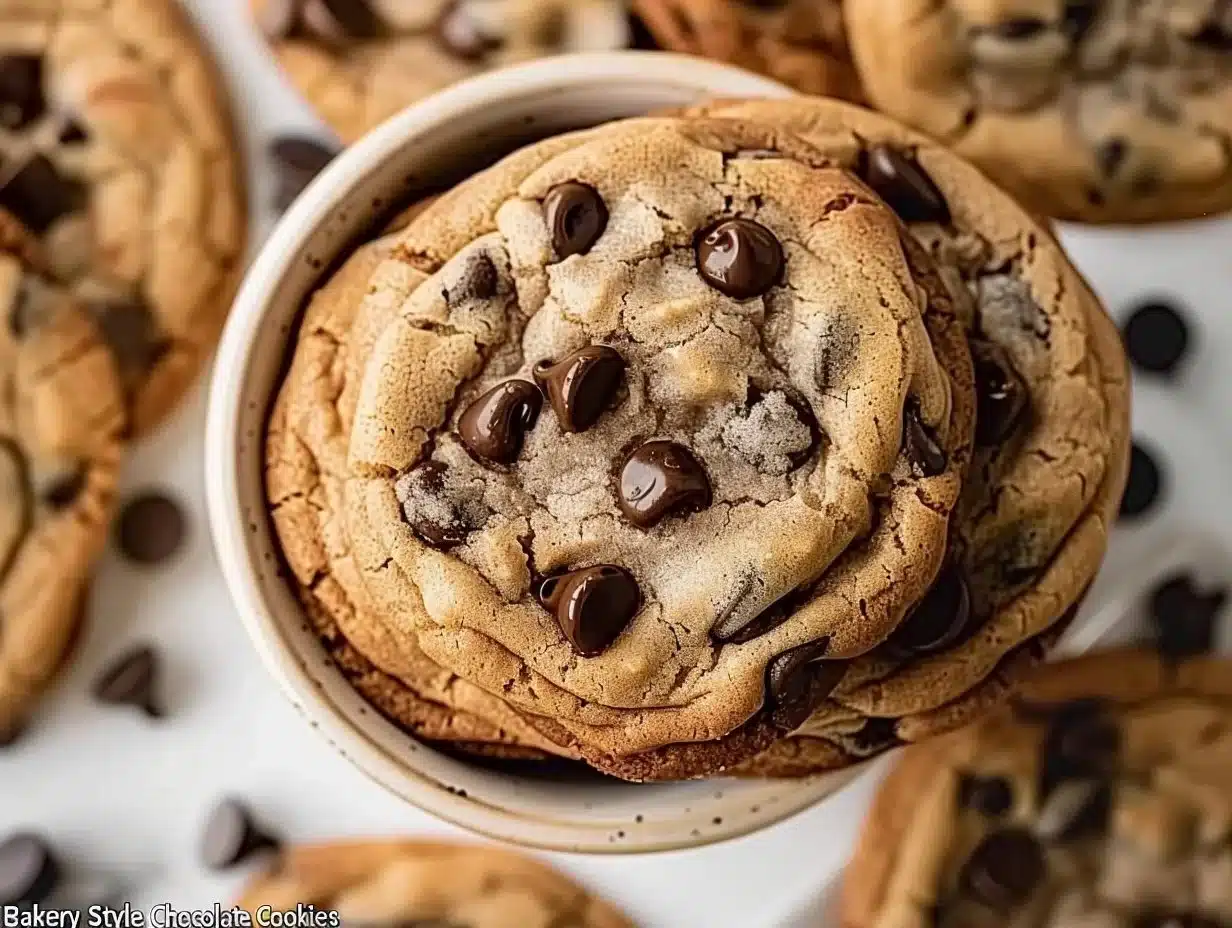 Bakery style chocolate chip cookies on a wooden table