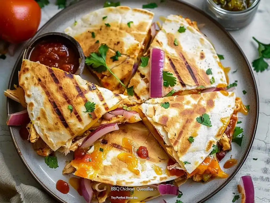 Delicious BBQ Chicken Quesadillas served with fresh salsa and toppings.