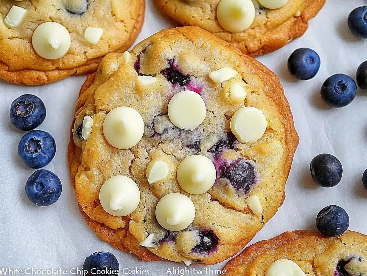 Blueberry white chocolate chip cookies baked fresh and ready to enjoy.