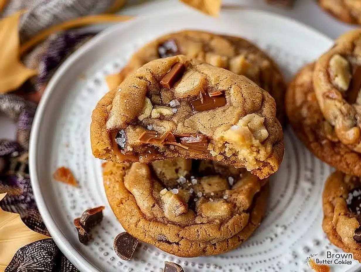 Freshly baked brown butter toffee cookies on a cooling rack